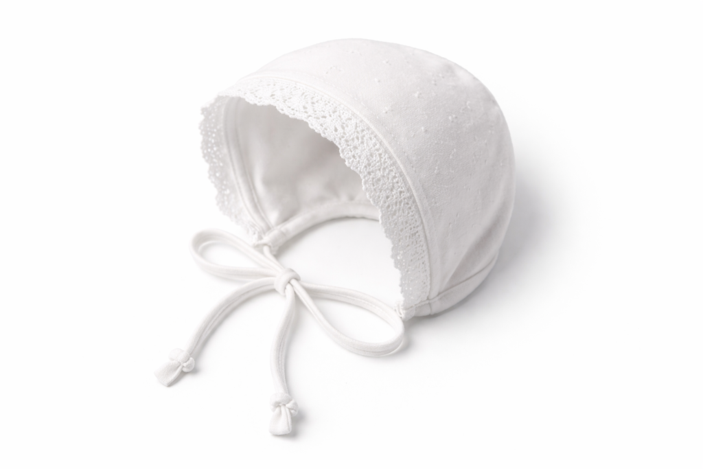 delicate white baby bonnet close up (1)