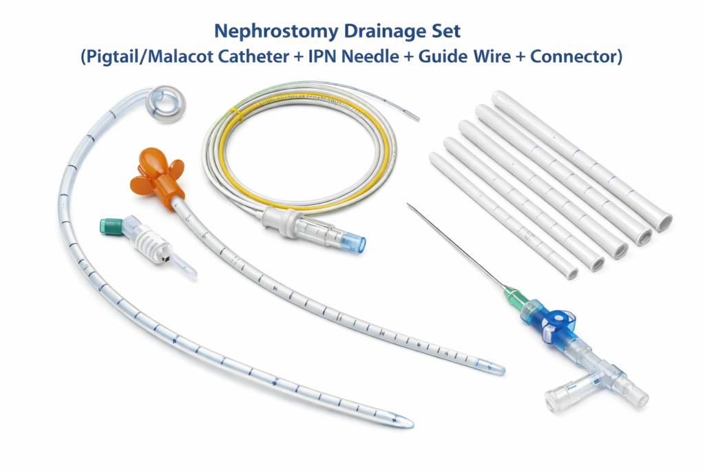 Nephrostomy Drainage Set (PIGTAIL/MALACOT CATHETER + IPN NEEDLE+ GUIDE WIRE + DILATORS+ CONNECTOR)